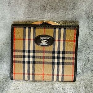 Burberry Vintage Unisex Brown Leather Classic Plaid Bifold Kiss Style Wallet